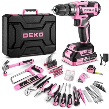 DEKOPRO Pink Drill Tool Kit Set: 20V Cordless Power Drill Tool Box with Battery