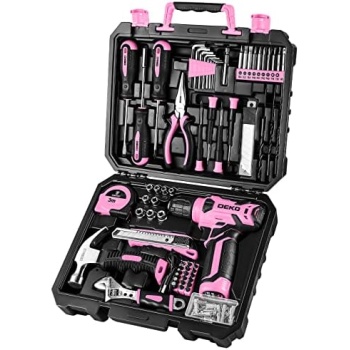 DEKOPRO Drill Set: Tool Set with 8V Pink Cordless Drill, Home Tool Kit