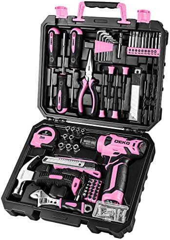 DEKOPRO Drill Set: Tool Set with 8V Pink Cordless Drill, Home Tool Kit